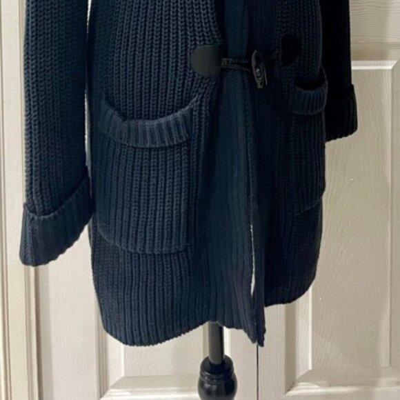 SAKS FIFTH AVENUE CARDIGAN HOODED SWEATER FISHERMAN CHUNKY 100% COTTON NAVY BLUE - Picture 7 of 14